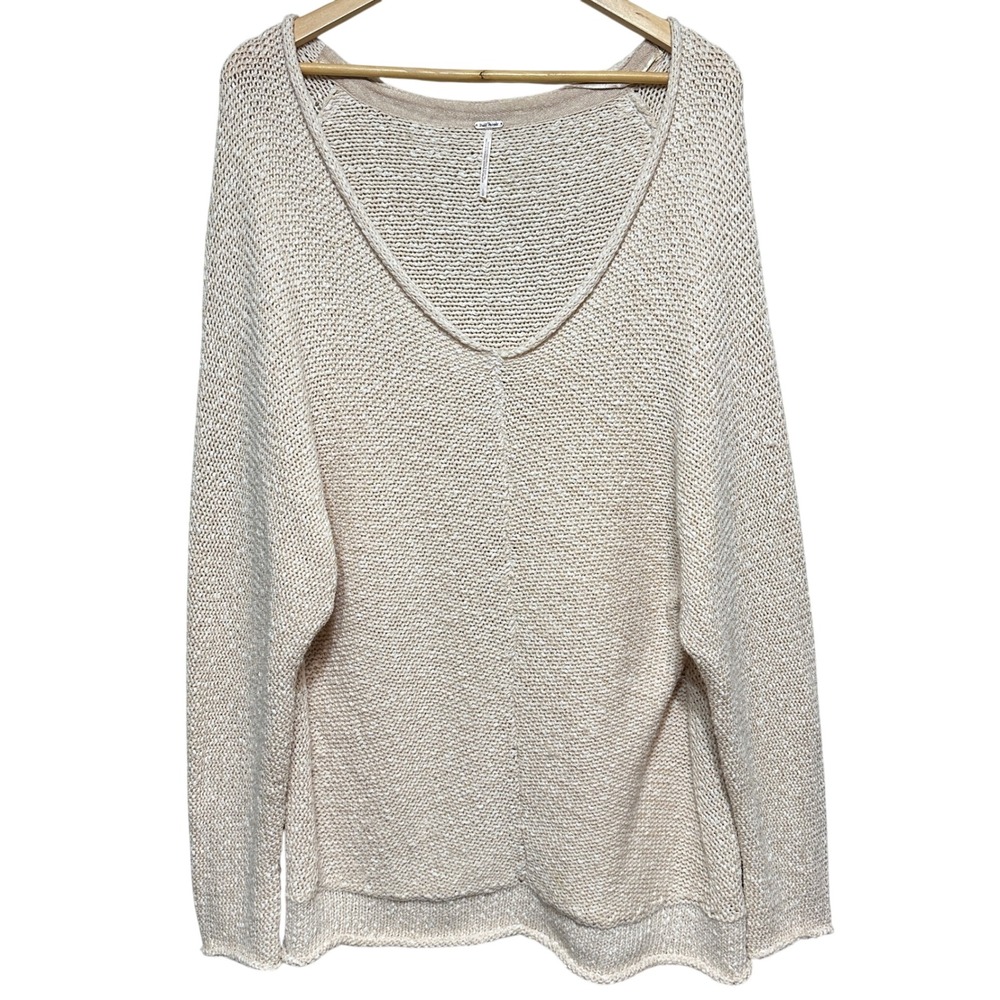 Free People V-Neck Lightweight Knit Sweater in Beige